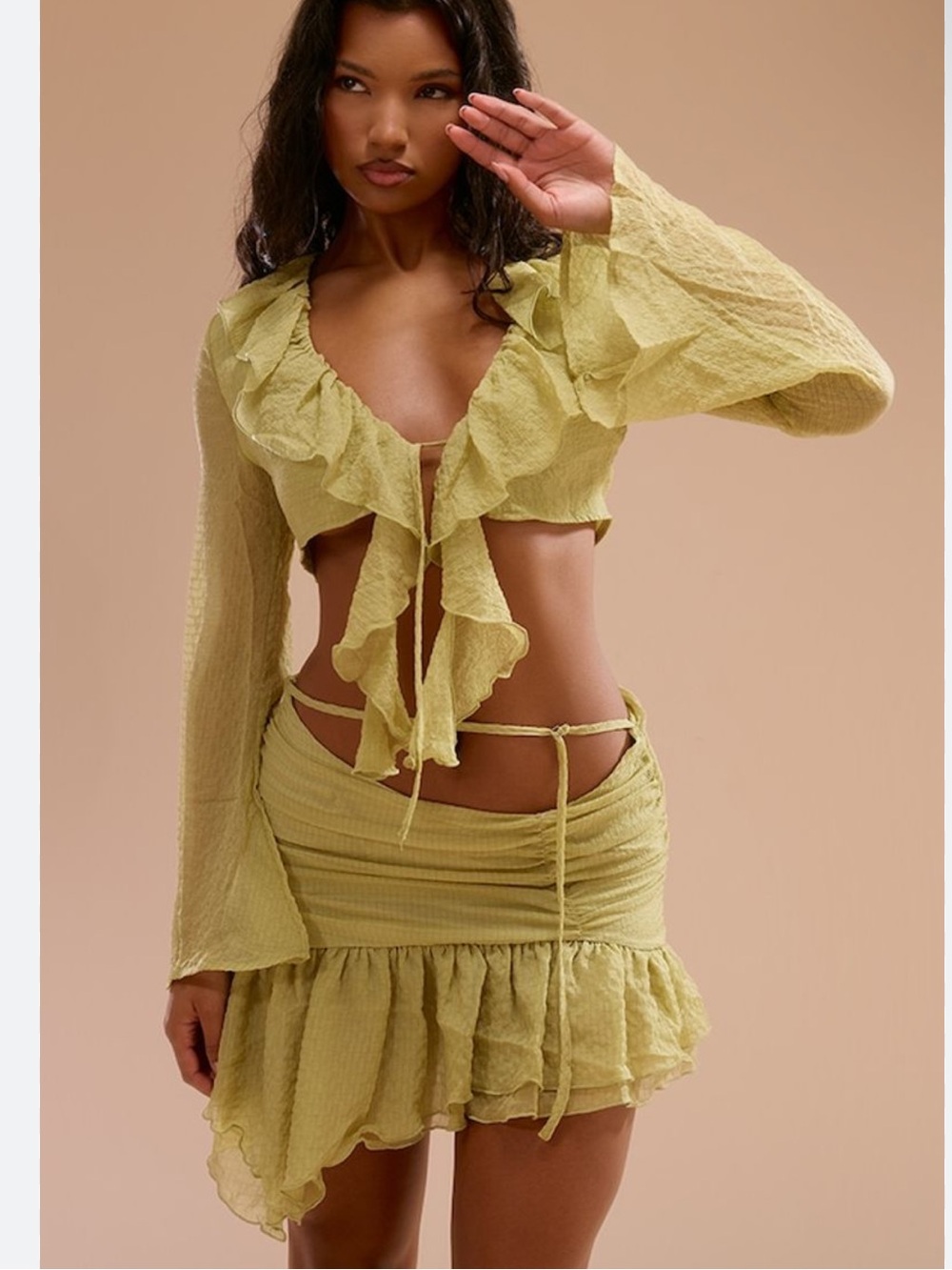 PrettyLittleThing Olive Green Frill Tie Front Blouse & Skirt Set